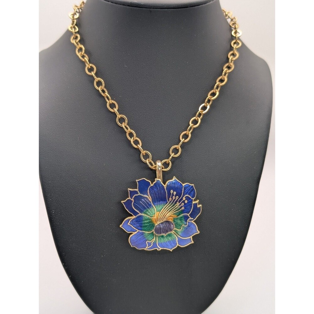 Vtg Cloisonne Enamel Blue Green Flower Brooch Pin Pendant 30" Avon Chain...